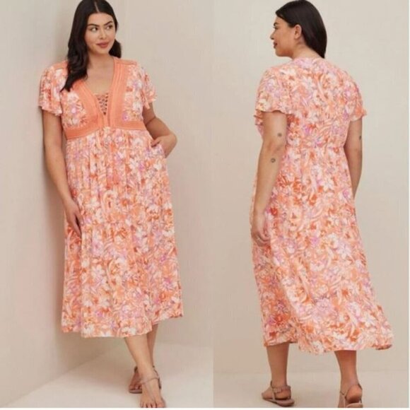 Torrid Lace Up Tea Length Crinkle Gauze Floral Coral Dress - Size 1X - Picture 1 of 10
